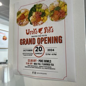 Uroko Poke - Grand Opening on 20 Oct with $2Off Poke & $1Off milk tea/flavored tea - Poke Near Me - Tustin, California Uroko Poke - Grand Opening on 20 Oct with $2Off Poke & $1Off milk tea/flavored tea - Poke Near Me - Tustin, California