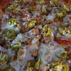 JC Wing Company / Famous Original Louie's New York Pizzeria - Meat lovers pizza with jalapeños