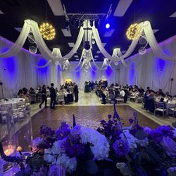 Facing back of banquet hall from on the stage.