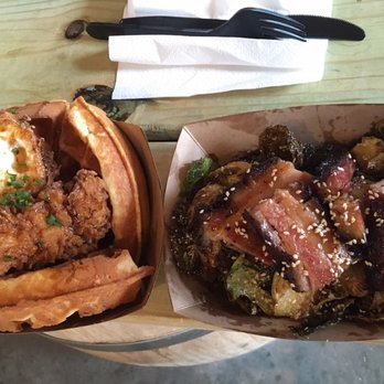 Lowco Eatery - Chick + waffle w/fried egg; smoked pork belly + sprouts. - Food Trucks Near Me Lowco Eatery - Chick + waffle w/fried egg; smoked pork belly + sprouts. - Food Trucks Near Me