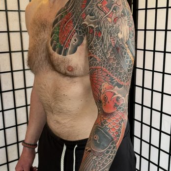 Kensho Tattoo - Dragon and Koi sleeve by Rick Wilson, Horioka - Tattoo Near Me - Calgary, Alberta Kensho Tattoo - Dragon and Koi sleeve by Rick Wilson, Horioka - Tattoo Near Me - Calgary, Alberta