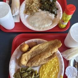 Commerce Country Cafe - Country fried steak with collard greens and cabbage, cornbread. Fried catfish (2 fillets) with creamed corn and green beans, cornbread.