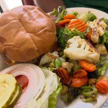 Brooks Burgers - Large portion of veggies with a classic cheese burger - Hot Dogs Near Me - Naples, Florida Brooks Burgers - Large portion of veggies with a classic cheese burger - Hot Dogs Near Me - Naples, Florida