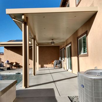 Valley Patios - Attached two-tone solid roof patio cover to extend the homes living space. - Patio Coverings Near Me - Palm Desert, California Valley Patios - Attached two-tone solid roof patio cover to extend the homes living space. - Patio Coverings Near Me - Palm Desert, California