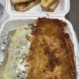 Popeye omelette with a LOT of extra cheese & mushrooms plus well done hash browns & toast Popeye omelette with a LOT of extra cheese & mushrooms plus well done hash browns & toast