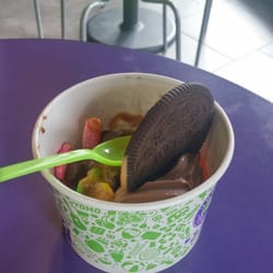 Yogurt Mountain - Chocolate and orange froyos with loads of toppings and peanut butter sauce.
