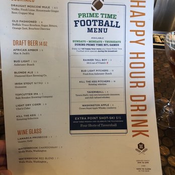 Tavern Hall - Happy hour drink menu as of September 2018 - New American Near Me - Bellevue, Washington
