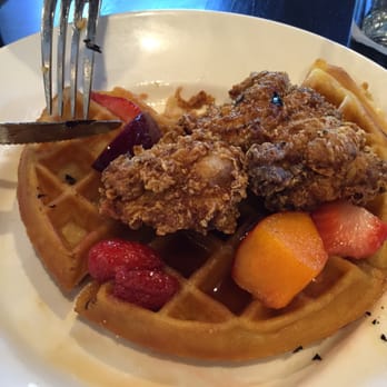 Magpie Cafe - Chicken and Waffles with stone fruit and a honey glaze. - New American Near Me - Sacramento, California Magpie Cafe - Chicken and Waffles with stone fruit and a honey glaze. - New American Near Me - Sacramento, California