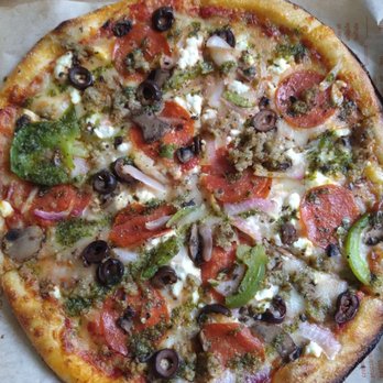 Blaze Pizza - I had them upgrade my Meat Eater pizza to a Supreme pizza with the bell peppers, olives, mushrooms, feta cheese, and a drizzle of pesto - Salad Near Me - Decatur, Georgia