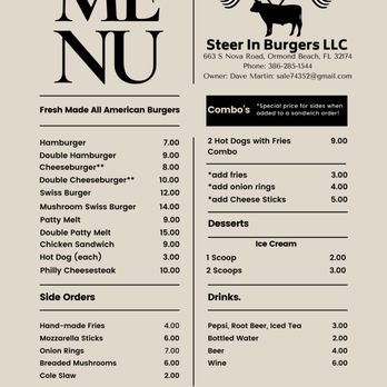 Steer In Burgers - Current menu as of 9/27/23 - Burgers Near Me - Ormond Beach, Florida