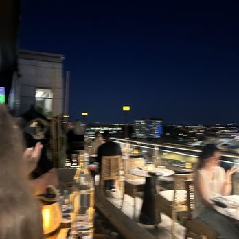 Astra Rooftop - An outdoor rooftop dining space at night with several patrons seated at tables. The city skyline is visible in the background with illuminated buildings and streetlights. Some people are engaged with their phones, and there are bottles and glasses on the tables. The scene includes warm lighting and a railing along the edge of the rooftop, providing a view of the cityscape. - American Near Me - Columbus, Ohio