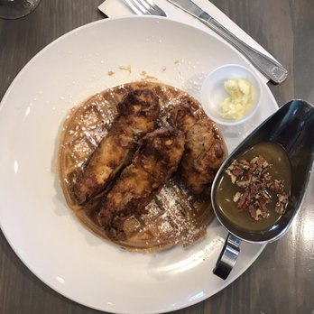 Broken Yolk Cafe - Chicken and waffles with pecan maple syrup - Breakfast & Brunch Near Me - Costa Mesa, California