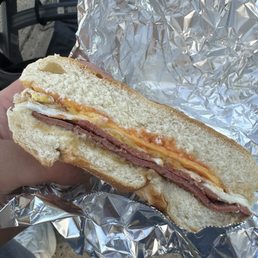Pork roll, egg, and cheese on a roll