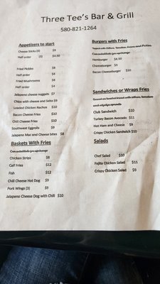 Menu photo 2 Three Tee's Bar and Grill Burns Flat, OK