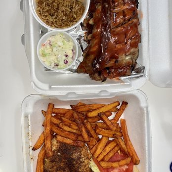 Flanigan's - Hallandale - Award Winning Baby Back Ribs (Full Rack) and Tilapia (Blackened) with Sweet Potato Fries - American Near Me - Hallandale Beach, Florida
