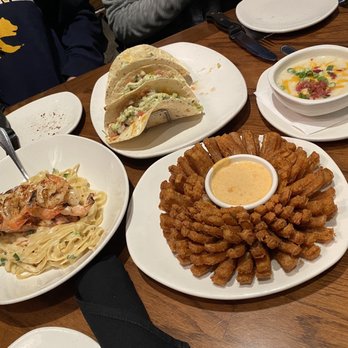 Outback Steakhouse - Baked Potato Soup - Cup. Aussie Chicken Tacos. Bloomin' Onion. Queensland Chicken and Shrimp Pasta. - Steakhouses Near Me - Northridge, California Outback Steakhouse - Baked Potato Soup - Cup. Aussie Chicken Tacos. Bloomin' Onion. Queensland Chicken and Shrimp Pasta. - Steakhouses Near Me - Northridge, California