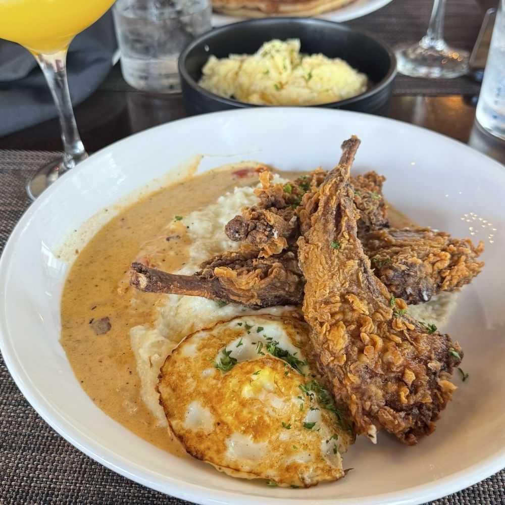 Fried lamb chops w/ a mango lemon drop His: pancakes, eggs, & turkey sausage link w/ strawberry mimosa Fried lamb chops w/ a mango lemon drop His: pancakes, eggs, & turkey sausage link w/ strawberry mimosa
