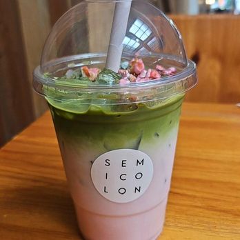 Semicolon Cafe - Lady Matcha with strawberry popcorn and edible strawberry flavored straw - Desserts Near Me - New Brunswick, New Jersey Semicolon Cafe - Lady Matcha with strawberry popcorn and edible strawberry flavored straw - Desserts Near Me - New Brunswick, New Jersey