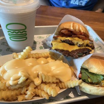Shake Shack Schaumburg - Strawberry shake, cheese fries, shack burger and double smoked shack burger - Burgers Near Me - Schaumburg, Illinois Shake Shack Schaumburg - Strawberry shake, cheese fries, shack burger and double smoked shack burger - Burgers Near Me - Schaumburg, Illinois