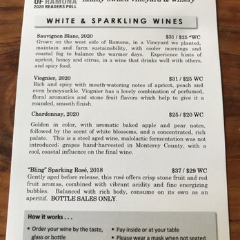 Ramona Ranch Vineyard and Winery - Tasting menu (Whites and Sparkling) as of 8/22/2021 - Wine Tasting Room Near Me - Ramona, California Ramona Ranch Vineyard and Winery - Tasting menu (Whites and Sparkling) as of 8/22/2021 - Wine Tasting Room Near Me - Ramona, California