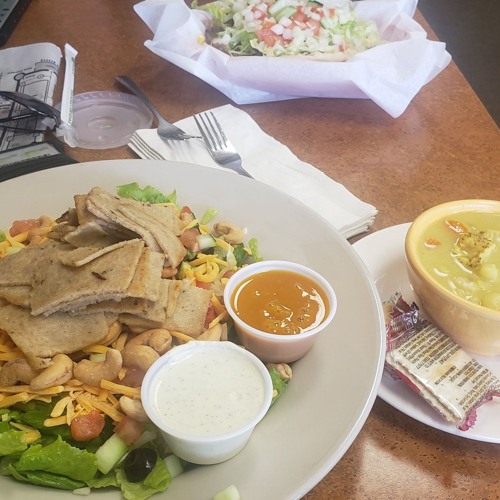 Gyro, cashew salad, and some curry chicken soup. Gyro, cashew salad, and some curry chicken soup.