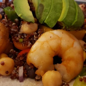 Cocina Chente - La Vegana (Quinoa, Black Beans, Scallions, Chickpeas, Corn, Avocado, Cherry Tomatoes, Cliantro, Jalapeño w/Shrimp - Mexican Near Me - Bronx, New York Cocina Chente - La Vegana (Quinoa, Black Beans, Scallions, Chickpeas, Corn, Avocado, Cherry Tomatoes, Cliantro, Jalapeño w/Shrimp - Mexican Near Me - Bronx, New York