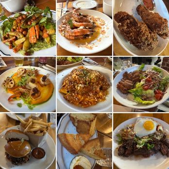 Fete - carrots, coconut shrimp, fried chicken, scallops, pasta with brisket, basil Cesar w/chicken, chicken sandwich, corn bread, and Bavette! - New American Near Me - Honolulu, Hawaii