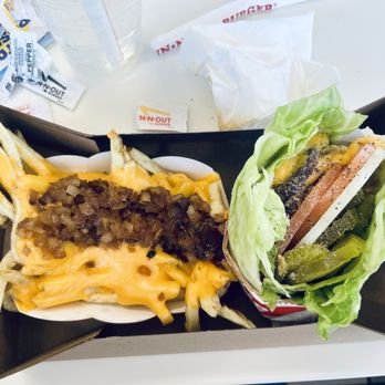 In-N-Out Burger - Animal Fries with Extra Grilled Onion (no spread) & a Double Double Animal Style add chili's (no spread) Protein wrap - Burgers Near Me - Santa Ana, California