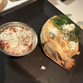 Mezzeterranean - The spanakopita. Served very hot, either mint yogurt.  It was great. - Mediterranean Near Me - Provincetown, Massachusetts