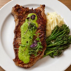 Sobo Kitchen & Bar - NY striploin, mashed potato, charred broccolini and chimichurri