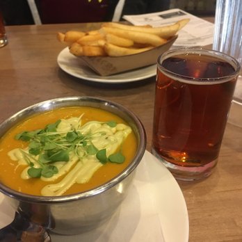 Wynkoop Brewing - Butternut squash soup, chips and Railyard Beer - Pool Halls Near Me - Denver, Colorado