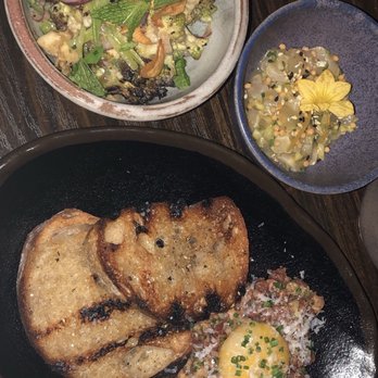 Sparrow + Wolf - Get these, especially the romenesco.  Steak tartare (bottom) Romenesco (tip left) Ceviche (top right) - New American Near Me - Las Vegas, Nevada