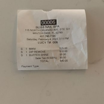 Bliss Nail Spa Winter Park - The receipt showing the cost. - Nail Salons Near Me - Winter Park, Florida
