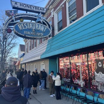 Honeybear Cafe - Outside Signage there's normally a line outside so there are chairs for customers waiting - Breakfast & Brunch Near Me - Chicago, Illinois