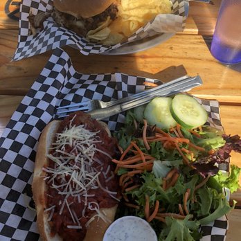 Thunder Island Brewing - Meatball sub and salad for me and pulled pork sandwich (with coleslaw on the side) and chips for him. Yummy! - Breweries Near Me - Cascade Locks, Oregon Thunder Island Brewing - Meatball sub and salad for me and pulled pork sandwich (with coleslaw on the side) and chips for him. Yummy! - Breweries Near Me - Cascade Locks, Oregon