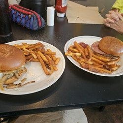 67 Grill - Swiss burger on left and Hawaiian burger on right. Note the nicely browned fries.