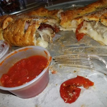 Ma Ma Olivia's Pizzeria - 3 topping Calzone. Good chewy, garlic butter baked in. Plenty of cheese and toppings. Good chunky sauce. $7 - Pizza Near Me - Aurora, Colorado