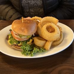 Clawson's Wheelhouse - Smashed cheeseburger with onion rings. Yum!
