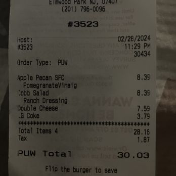 Wendy's - the first reciept the gave me and claimed that the mistake was on my end i apparently wanted the cobb salad even tho im saying i didnt? - Burgers Near Me - Elmwood Park, New Jersey Wendy's - the first reciept the gave me and claimed that the mistake was on my end i apparently wanted the cobb salad even tho im saying i didnt? - Burgers Near Me - Elmwood Park, New Jersey