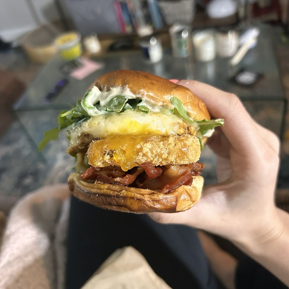Iggy's Eggies - Brioche Eggie w, white cheddar, bacon, hash brown and arugula - Breakfast & Brunch Near Me - Ann Arbor, Michigan Iggy's Eggies - Brioche Eggie w, white cheddar, bacon, hash brown and arugula - Breakfast & Brunch Near Me - Ann Arbor, Michigan