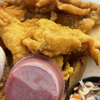 4141 Nola - Thinly sliced fried catfish platter (to go) comes with coleslaw and fries. - Cocktail Bars Near Me - New Orleans, Louisiana