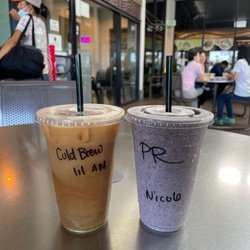 Leahi Health Aina Haina - Cold brew with almond milk  Purple rain smoothies