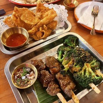 Ezankaya - Crispy Chicken Skin, Broccoli Skewers (2) - Thai Near Me - Chicago, Illinois