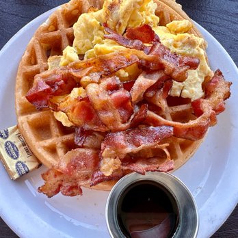 Fratelli Cafe - Sweet & Savory: belgian waffle, 2 eggs any style, choice of bacon - Coffee & Tea Near Me - Los Angeles, California Fratelli Cafe - Sweet & Savory: belgian waffle, 2 eggs any style, choice of bacon - Coffee & Tea Near Me - Los Angeles, California