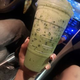 Iced matcha latte with vanilla syrup and marshmallow cold foam Iced matcha latte with vanilla syrup and marshmallow cold foam