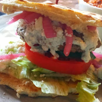 Ormsby's - Lamb Burger...with lettuce, tomato, pickled onions, tzatziki, feta, and pita crisps as buns - Sandwiches Near Me - Atlanta, Georgia Ormsby's - Lamb Burger...with lettuce, tomato, pickled onions, tzatziki, feta, and pita crisps as buns - Sandwiches Near Me - Atlanta, Georgia