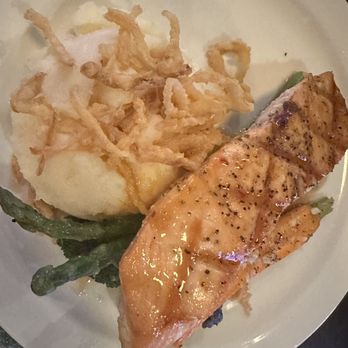 RANK & FILE - Glazed Orange Salmon with mashed potatoes, onion strings and vegetables (asparagus, broccoli and carrots). - Bars Near Me - El Cajon, California RANK & FILE - Glazed Orange Salmon with mashed potatoes, onion strings and vegetables (asparagus, broccoli and carrots). - Bars Near Me - El Cajon, California