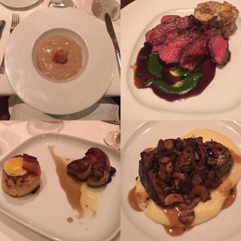 Bacchus - A Bartolotta Restaurant - Mushroom soup with Fontina filled beignet, wagyu beef with espresso sauce, foie gras with quail egg, and filet mignon with bourbon sauce. - New American Near Me - Milwaukee, Wisconsin