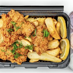 Always Fresh Wild Caught Pacific Cod pieces battered and fried up to perfection with thick steak cut seasoned chips, topped with fresh dill