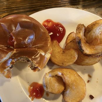 Fox City Brewing - Smash Burger with sautéed onions and fries. - Brewpubs Near Me - Forsyth, Georgia